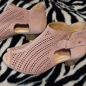Earth Perforated Leather Heeled Sandal, Size 6 1/2